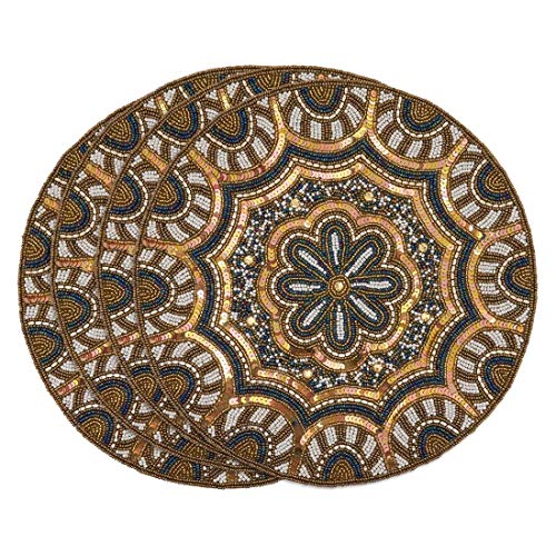 Fennco Style Hand Beaded Elegant Floral Placemat 14" Round, 1-Piece - Gold Table Mat for Banquets, Christmas, Special Events and Home Décor