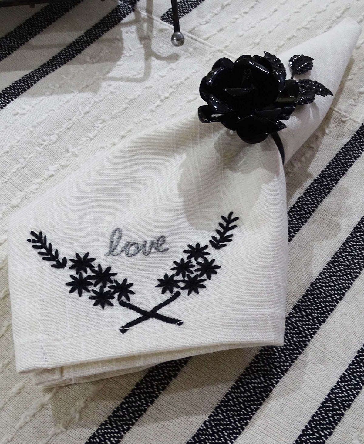 Vibhsa Cotton Table Napkins | Set of 4, "Love" Embroidery, 20"x20"