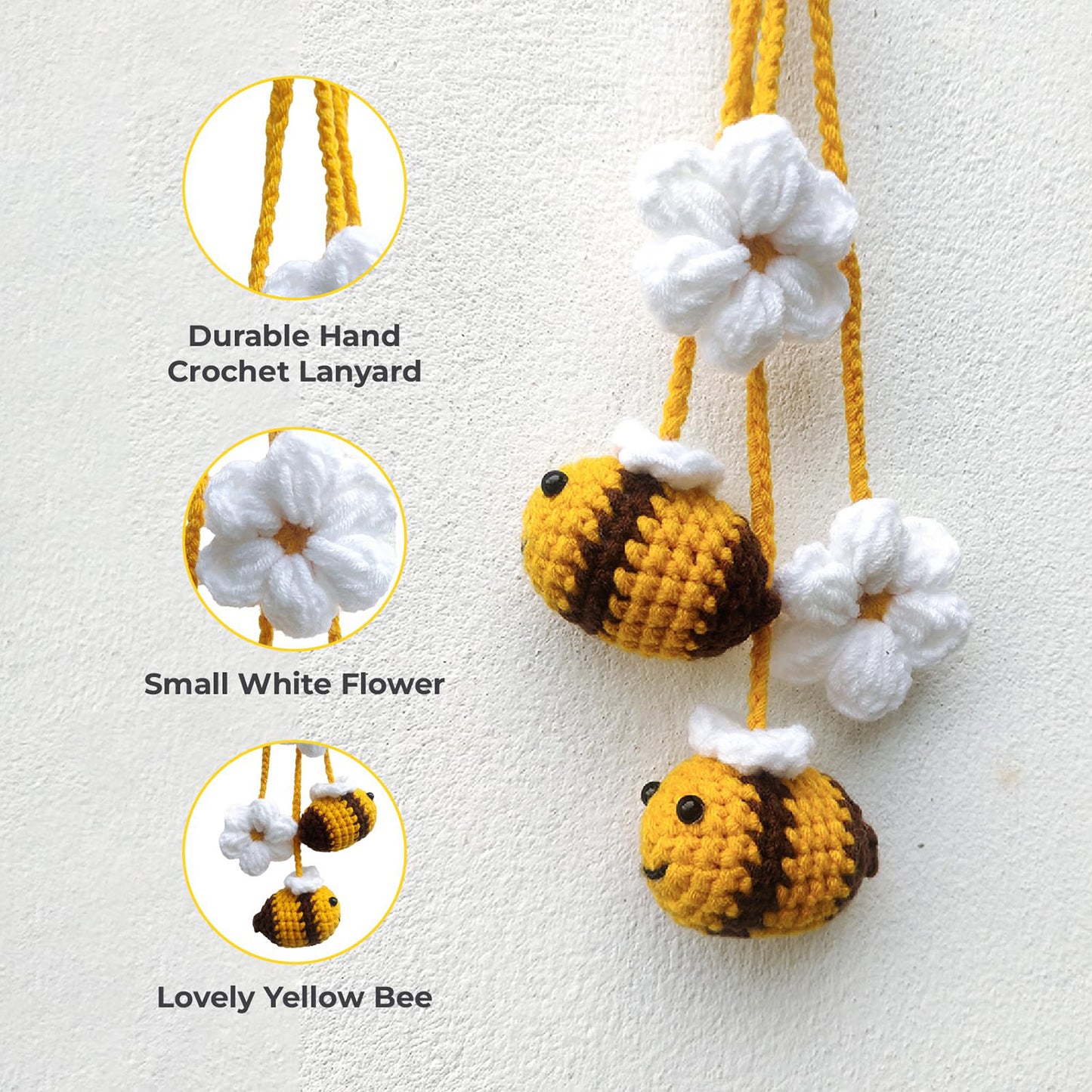 Crochet Hanging Plant For Car Ornament (Yellow Bee with White Flower)