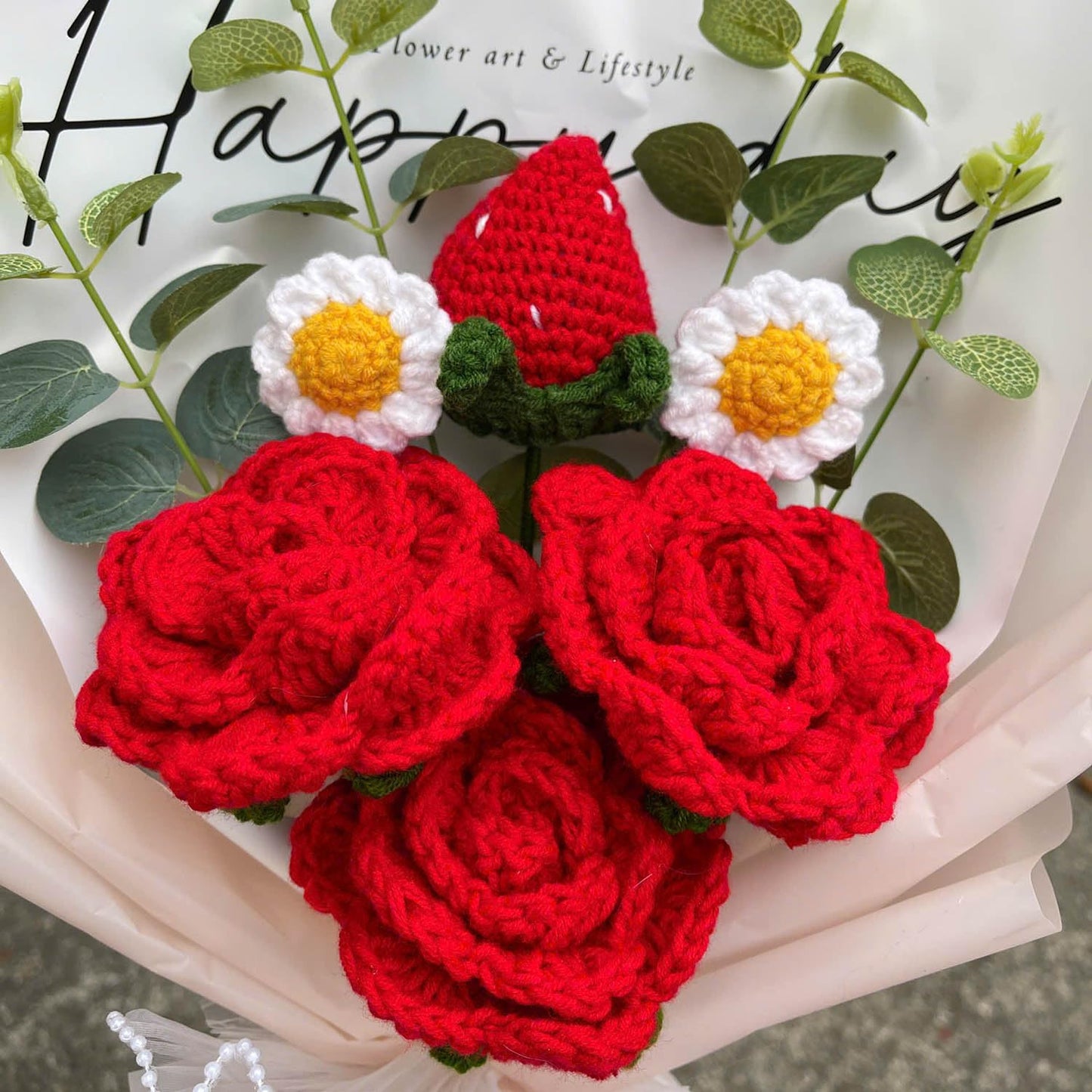 Handmade Crochet Flower Bouquet (Red Rose & Strawberry)