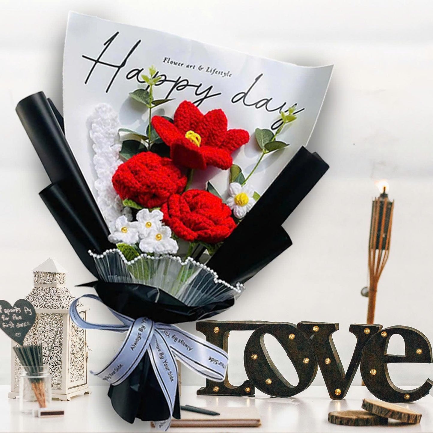 Handmade Crochet Flower Bouquet (Red Rose & Tulip)