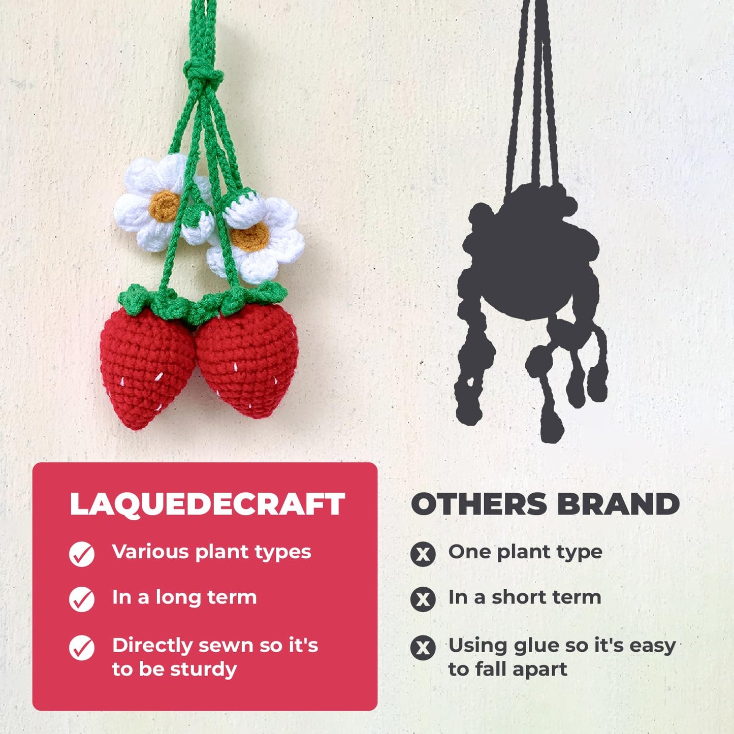Laquedecraft 2 Handmade Crochet Strawberry Ornaments, Strawberry Accessories car