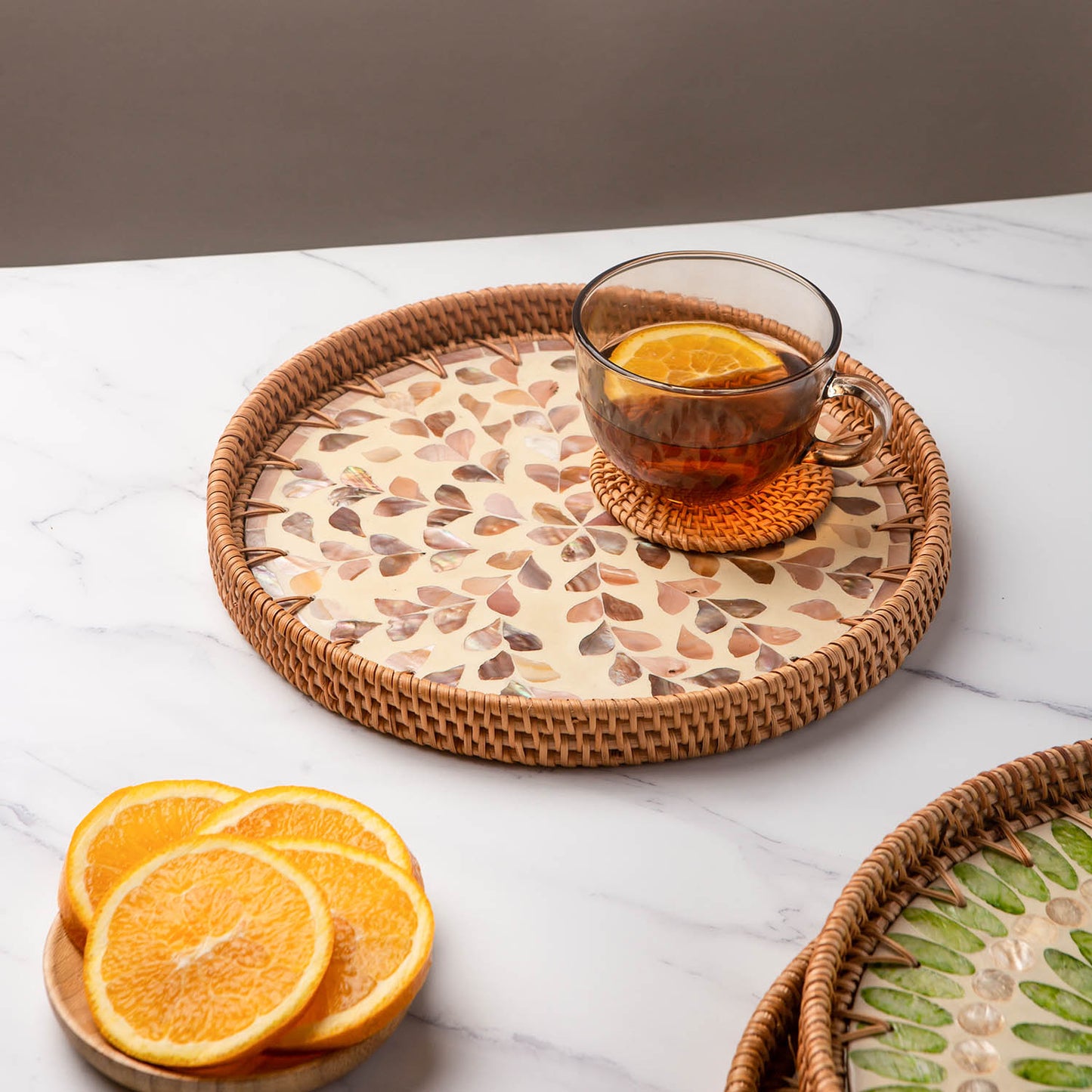 11.8' Wicker Round Rattan Mother of Pearl Serving Basket Tray for Décor Coffee Table (Leaf)