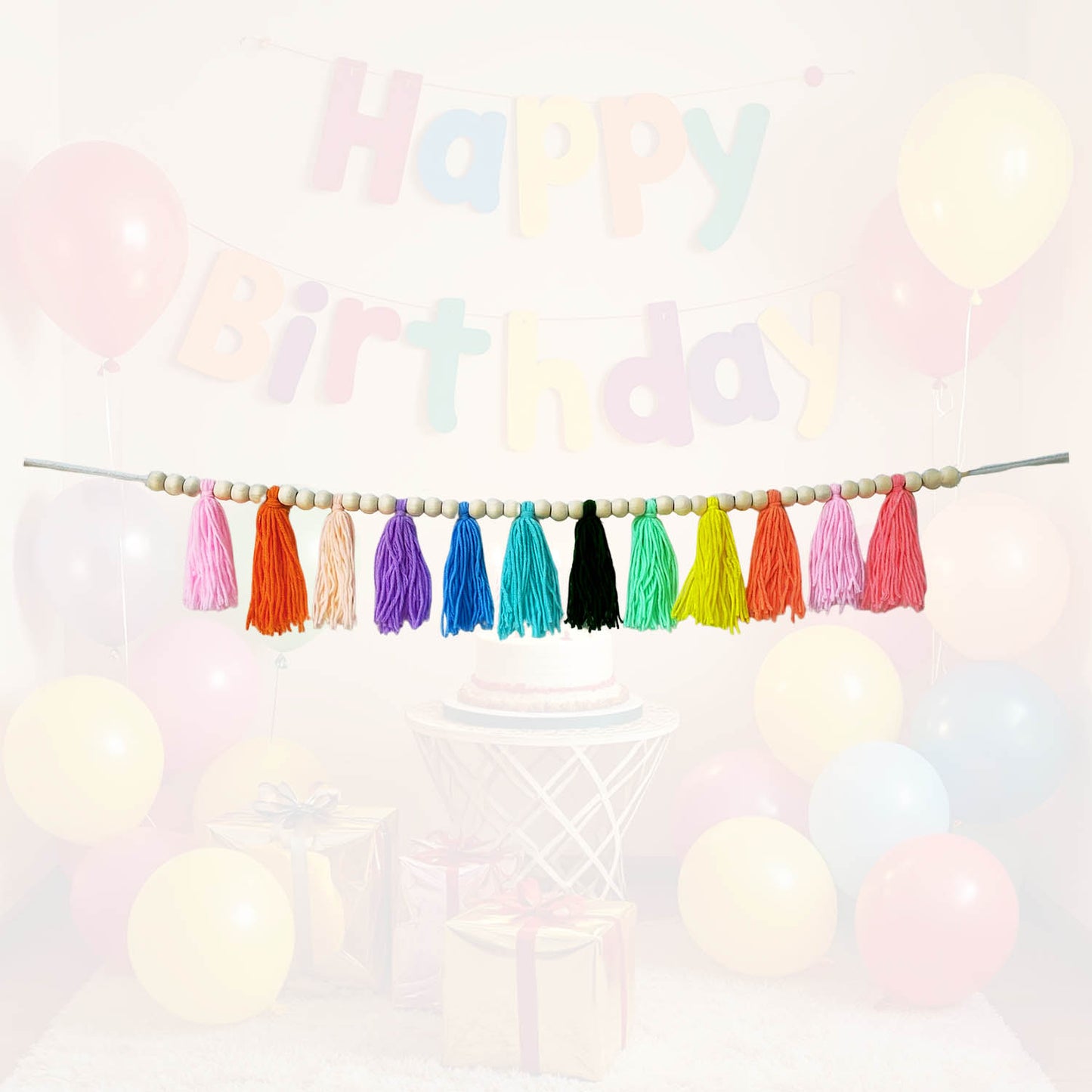 Boho Hanmade Wood Beads Garland with Tassels + 2 Hooks (Rainbow)