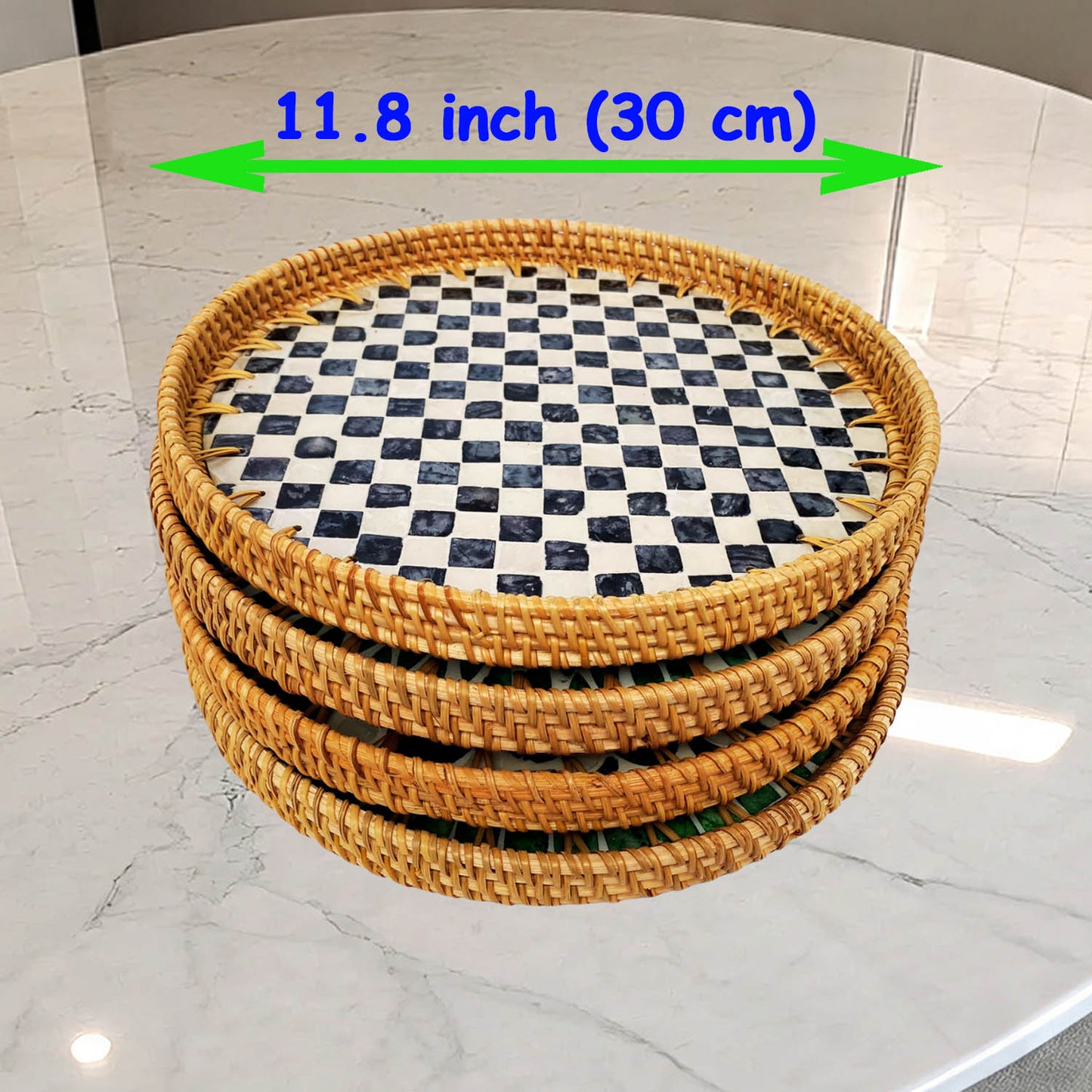 11.8' Wicker Round Rattan Mother of Pearl Serving Basket Tray for Décor Coffee Table (Caro)