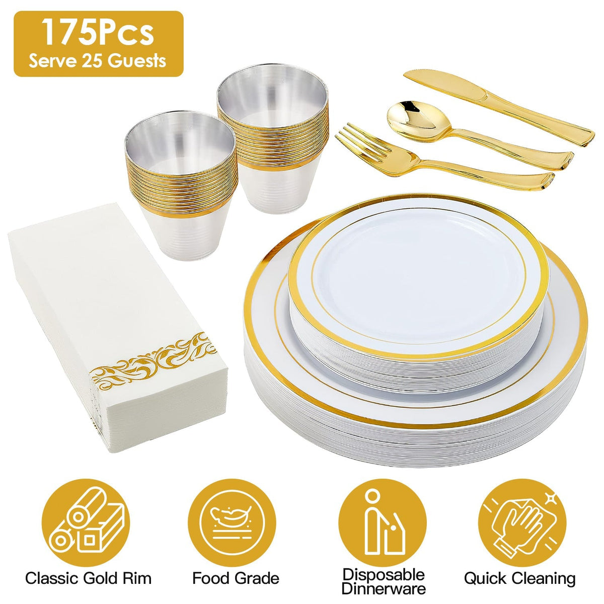 175Pcs Disposable Gold Dinnerware Set Gold Rim Plastic Plates Cups Fork Spoon Knife Paper Napkins for Party Wedding Graduation