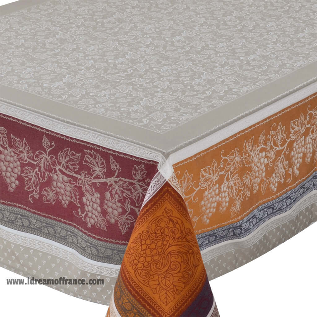 French Jacquard tablecloth - Cotton - Stain resistant - Square - Winery caramel | Tissus Toselli