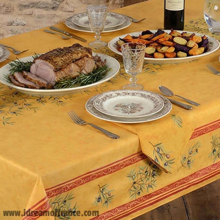60" Square Clos des Oliviers Yellow Double Border Acrylic-Coated Cotton Tablecloth by Label France