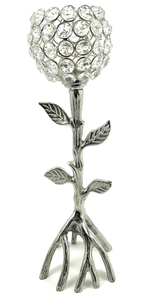 Vibhsa Silver Tree Hurricane Crystal Candle Holder | 13.2"H Handcrafted Aluminum