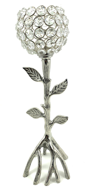 Vibhsa Silver Tree Hurricane Crystal Candle Holder | 13.2"H Handcrafted Aluminum