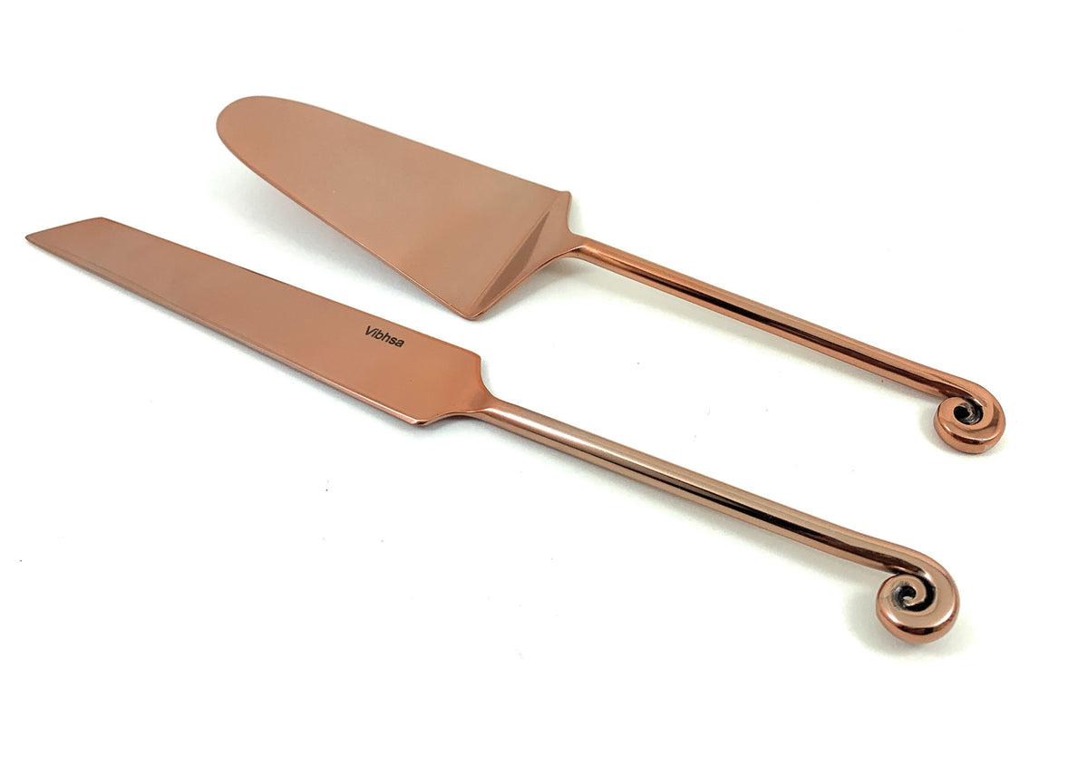 Vibhsa Cake Cutting Serving Set with Forks (Copper Finish, Treble Note)