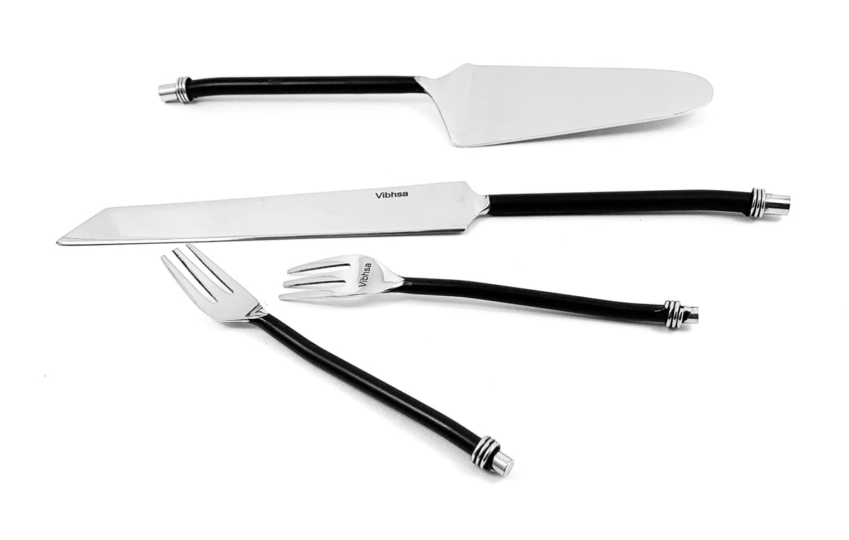 Vibhsa Cake Cutting & Serving Set with Forks (Black, Twisted Handle)
