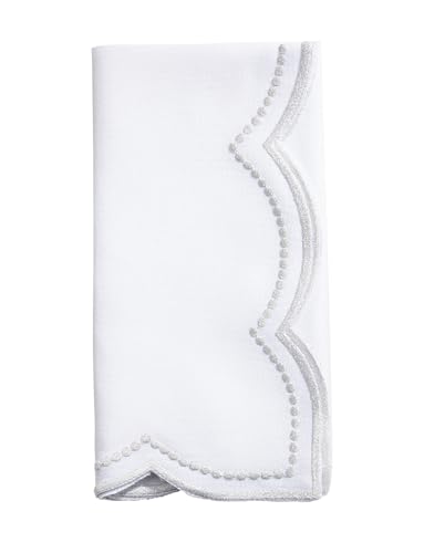 Fennco Styles Embroidered Polka Dot Scallop Border Cloth Napkins 20" W x 20" L, Set of 4 - Silver Elegant Dinner Napkins for Everyday Use, Holidays, Christmas, and Weddings