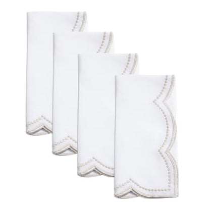 Fennco Styles Embroidered Polka Dot Scallop Border Cloth Napkins 20" W x 20" L, Set of 4 - Silver Elegant Dinner Napkins for Everyday Use, Holidays, Christmas, and Weddings