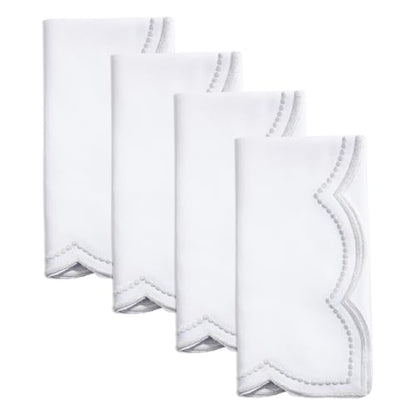 Fennco Styles Embroidered Polka Dot Scallop Border Cloth Napkins 20" W x 20" L, Set of 4 - Silver Elegant Dinner Napkins for Everyday Use, Holidays, Christmas, and Weddings