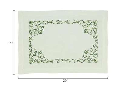 Fennco Styles Embroidered Floral Scroll Placemats 14" W x 20" L, Set of 4 - Green Botanical Design Table Mats for Home, Holiday Décor, Family Gatherings, Banquets, Special Events