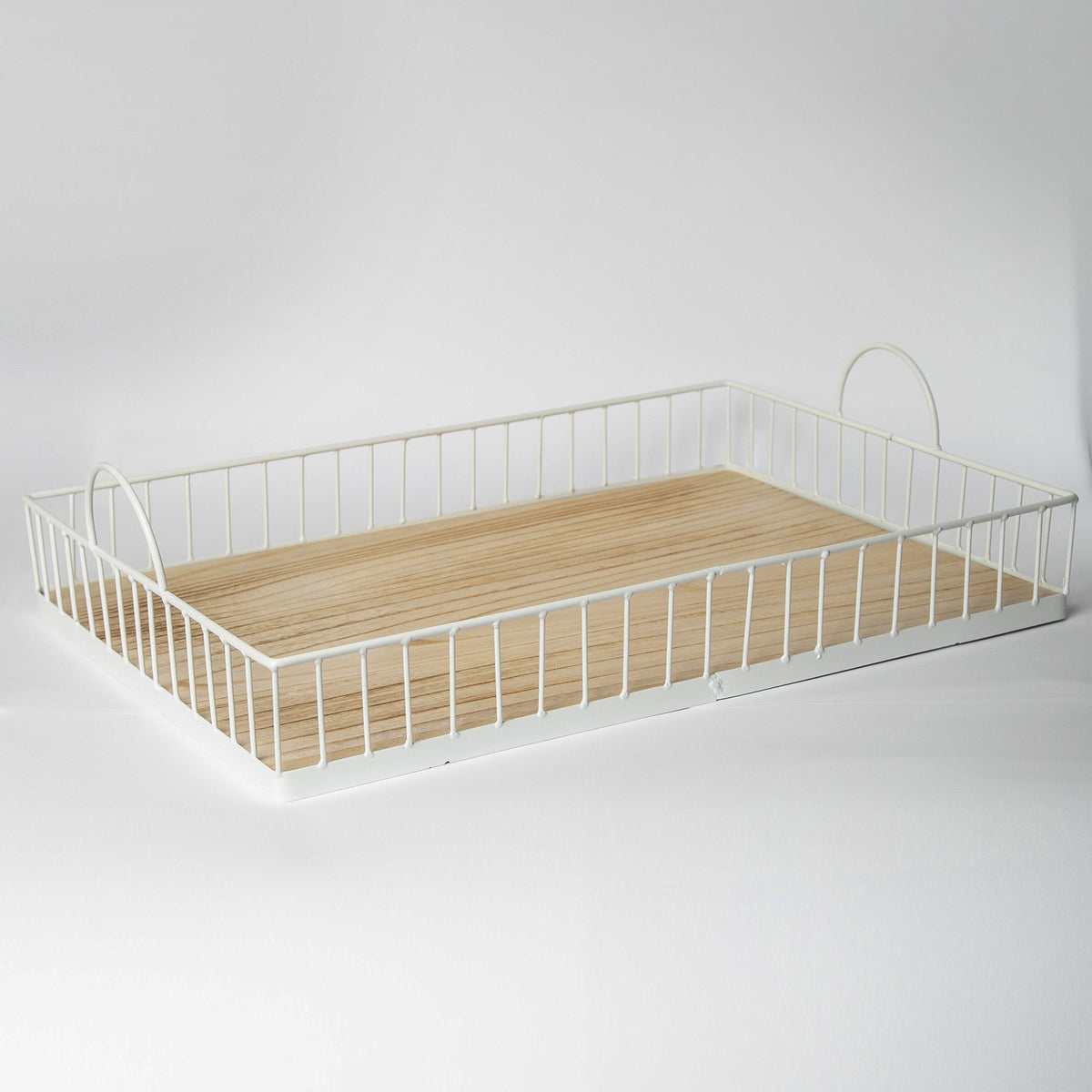 Rectangular Metal & Wood Decorative Tray — Rustic White Accent for Home