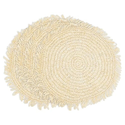 Fennco Styles Raffia Fringe Placemat 14" Round, Set of 4 - Black Woven Rustic Table Mat for Home, Dining Room, Banquets, Boho Decor, Family Gathering and Special Occasion