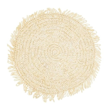 Fennco Styles Raffia Fringe Placemat 14" Round, Set of 4 - Black Woven Rustic Table Mat for Home, Dining Room, Banquets, Boho Decor, Family Gathering and Special Occasion
