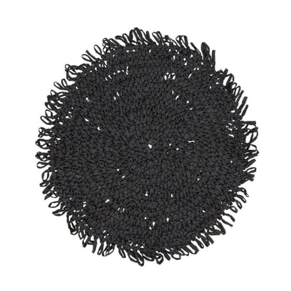 Fennco Styles Raffia Fringe Placemat 14" Round, Set of 4 - Black Woven Rustic Table Mat for Home, Dining Room, Banquets, Boho Decor, Family Gathering and Special Occasion