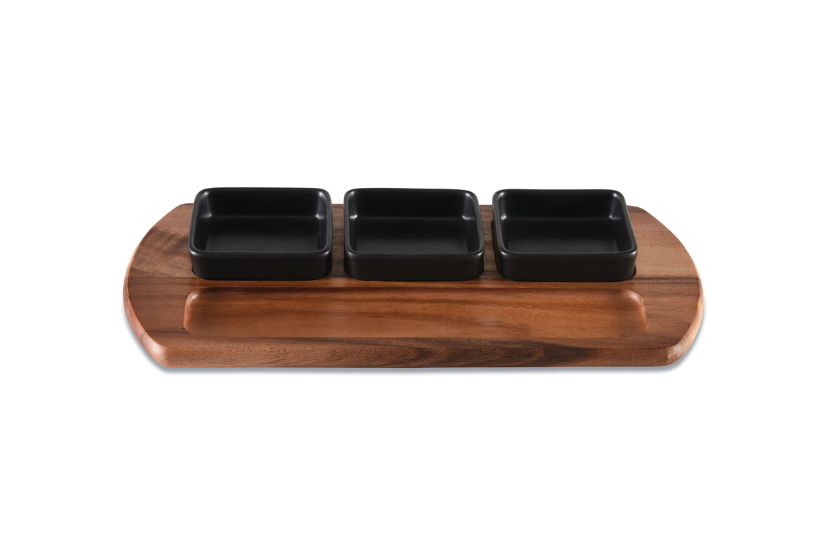 Charcuterie/ Serving Tray w/ 3  black square ceramic bowls