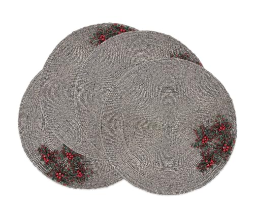Fennco Styles Festive Beaded Flower Holiday Placemats 15" Round, Set of 4 - Gold Glass Beads Table Mat for Home Décor, Family Gatherings, Banquets, Christmas and Special Occasions