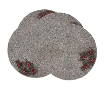 Fennco Styles Festive Beaded Flower Holiday Placemats 15" Round, Set of 4 - Gold Glass Beads Table Mat for Home Décor, Family Gatherings, Banquets, Christmas and Special Occasions