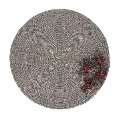 Fennco Styles Festive Beaded Flower Holiday Placemats 15" Round, Set of 4 - Gold Glass Beads Table Mat for Home Décor, Family Gatherings, Banquets, Christmas and Special Occasions