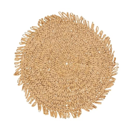 Fennco Styles Raffia Fringe Placemat 14" Round, Set of 4 - Black Woven Rustic Table Mat for Home, Dining Room, Banquets, Boho Decor, Family Gathering and Special Occasion