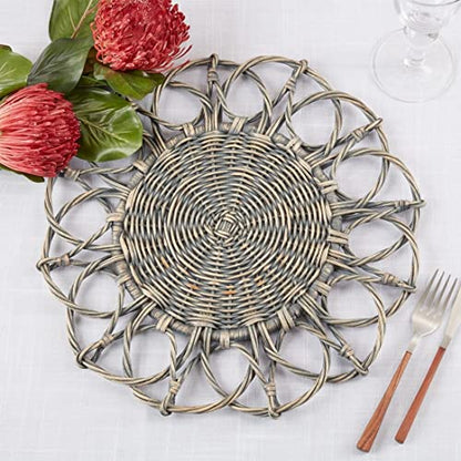 Fennco Styles Hand Twisted Rattan Placemat 15" Round, 1- Piece - Caramel Boho Flower Table Mats Heat Resistant Insulation for Home, Boho Décor, Dining Table, Banquets, Special Events