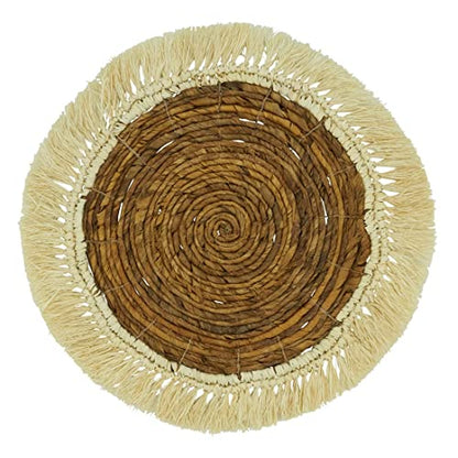 Fennco Styles Raffia Abaca Woven Placemat 16" Round, 1-Piece - Brown Boho Fringed Table Mat for Home, Dining Room, Banquets, Family Gathering and Special Occasion