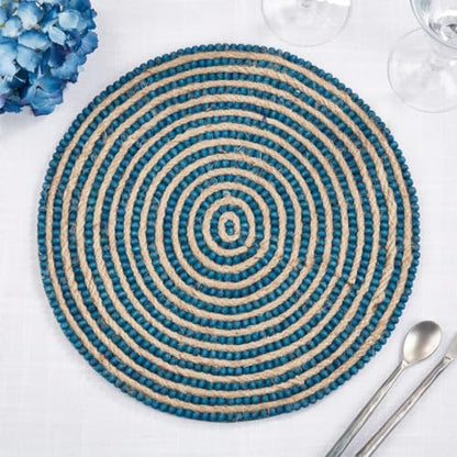 Fennco Styles Hand Beaded Spiral Swirl Design Placemat 14" Round, 1-Piece - Blue Wood Beads and Jute Table Mat for Home Décor, Family Gathering, Banquets, Everyday Use and Special Occasion