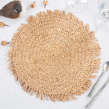Fennco Styles Raffia Fringe Placemat 14" Round, Set of 4 - Black Woven Rustic Table Mat for Home, Dining Room, Banquets, Boho Decor, Family Gathering and Special Occasion