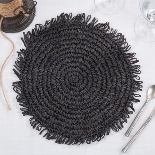 Fennco Styles Raffia Fringe Placemat 14" Round, Set of 4 - Black Woven Rustic Table Mat for Home, Dining Room, Banquets, Boho Decor, Family Gathering and Special Occasion