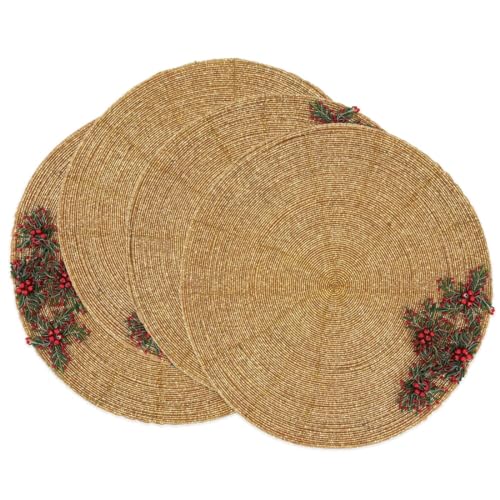 Fennco Styles Festive Beaded Flower Holiday Placemats 15" Round, Set of 4 - Gold Glass Beads Table Mat for Home Décor, Family Gatherings, Banquets, Christmas and Special Occasions