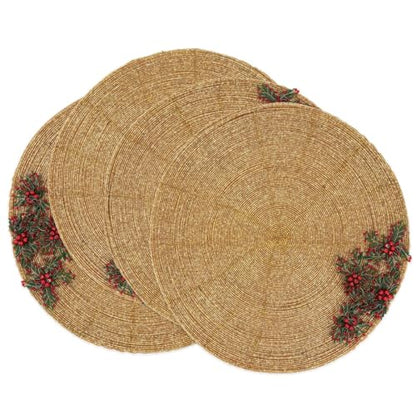Fennco Styles Festive Beaded Flower Holiday Placemats 15" Round, Set of 4 - Gold Glass Beads Table Mat for Home Décor, Family Gatherings, Banquets, Christmas and Special Occasions