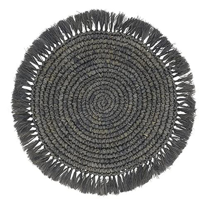 Fennco Styles Raffia Fringe Woven Placemats 15 Inch Round, Set of 4 - Natural Boho Table Mats for Home, Dining Room, Banquets, Family Gathering and Special Occasion
