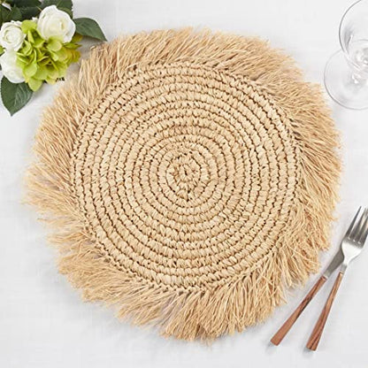 Fennco Styles Raffia Fringe Woven Placemats 15 Inch Round, Set of 4 - Natural Boho Table Mats for Home, Dining Room, Banquets, Family Gathering and Special Occasion