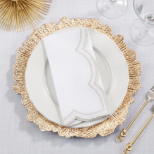 Fennco Styles Embroidered Polka Dot Scallop Border Cloth Napkins 20" W x 20" L, Set of 4 - Silver Elegant Dinner Napkins for Everyday Use, Holidays, Christmas, and Weddings