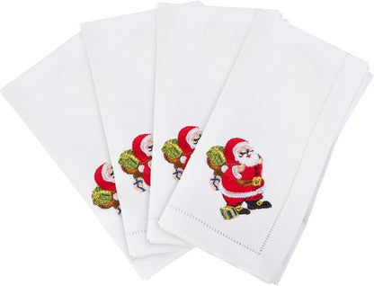 Fennco Styles Linen Cotton Hemstitched and Embroidered Santa Claus Christmas Cloth Napkins, 20-inch Square, Set of 4