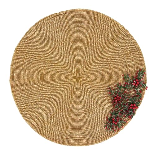 Fennco Styles Festive Beaded Flower Holiday Placemats 15" Round, Set of 4 - Gold Glass Beads Table Mat for Home Décor, Family Gatherings, Banquets, Christmas and Special Occasions