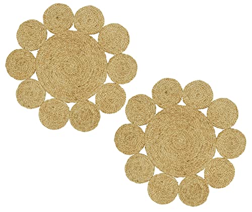 Fennco Styles Handwoven Loopy Jute Placemats 16" Round, Set of 2 - Natural Floral Shape Braided Table Mats Heat Resistant Insulation for Home, Boho Décor, Dining Table, Banquets, Special Events