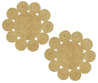 Fennco Styles Handwoven Loopy Jute Placemats 16" Round, Set of 2 - Natural Floral Shape Braided Table Mats Heat Resistant Insulation for Home, Boho Décor, Dining Table, Banquets, Special Events