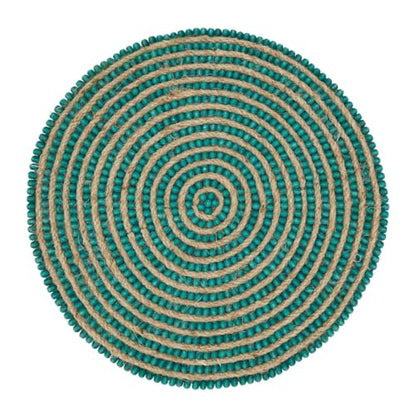 Fennco Styles Hand Beaded Spiral Swirl Design Placemat 14" Round, 1-Piece - Blue Wood Beads and Jute Table Mat for Home Décor, Family Gathering, Banquets, Everyday Use and Special Occasion