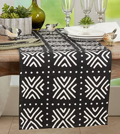 Mud Cloth-Inspired Cotton Table Runner – Black & Natural
