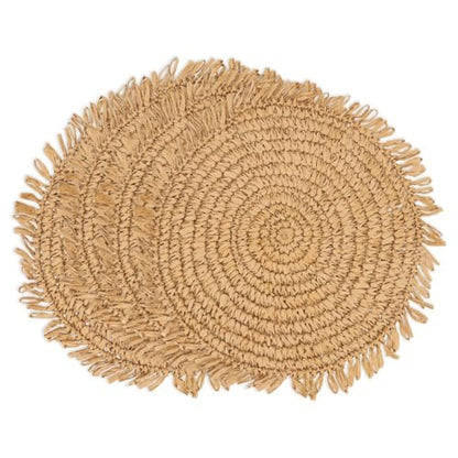 Fennco Styles Raffia Fringe Placemat 14" Round, Set of 4 - Black Woven Rustic Table Mat for Home, Dining Room, Banquets, Boho Decor, Family Gathering and Special Occasion