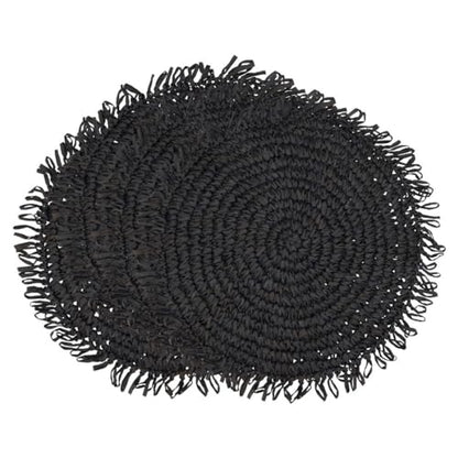 Fennco Styles Raffia Fringe Placemat 14" Round, Set of 4 - Black Woven Rustic Table Mat for Home, Dining Room, Banquets, Boho Decor, Family Gathering and Special Occasion