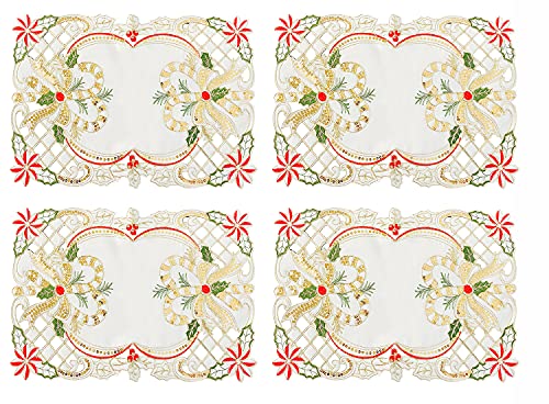 Fennco Styles Christmas Embroidered Holly Cloth Napkins 20" W x 20" L, Set of 4