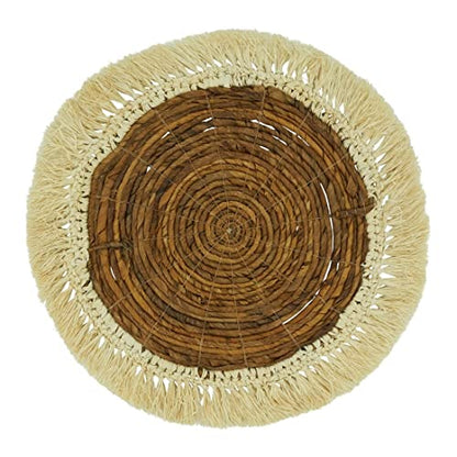 Fennco Styles Raffia Abaca Woven Placemat 16" Round, 1-Piece - Brown Boho Fringed Table Mat for Home, Dining Room, Banquets, Family Gathering and Special Occasion