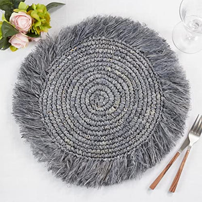 Fennco Styles Raffia Fringe Woven Placemats 15 Inch Round, Set of 4 - Natural Boho Table Mats for Home, Dining Room, Banquets, Family Gathering and Special Occasion